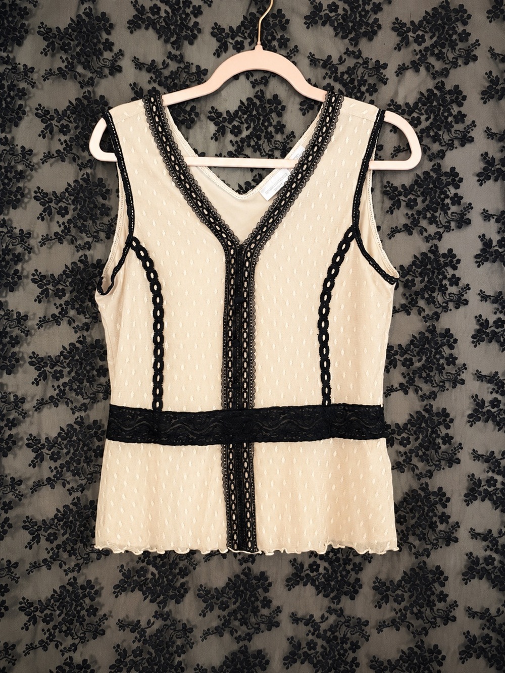Worthington Cream Sleeveless Tank with Black Lace Trim| XL
